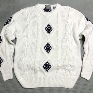 VTG Lord & Taylor Hand Knit Sweater Men L White Blue Chunky Cable Knit Fisherman